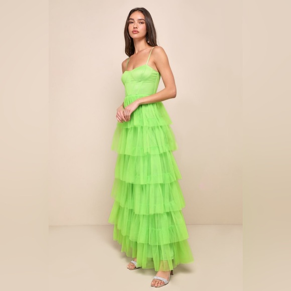 New LULUS Rule the Runway $128 Lime Green Tulle Bustier Tiered Maxi Dress LARGE - Picture 2 of 9